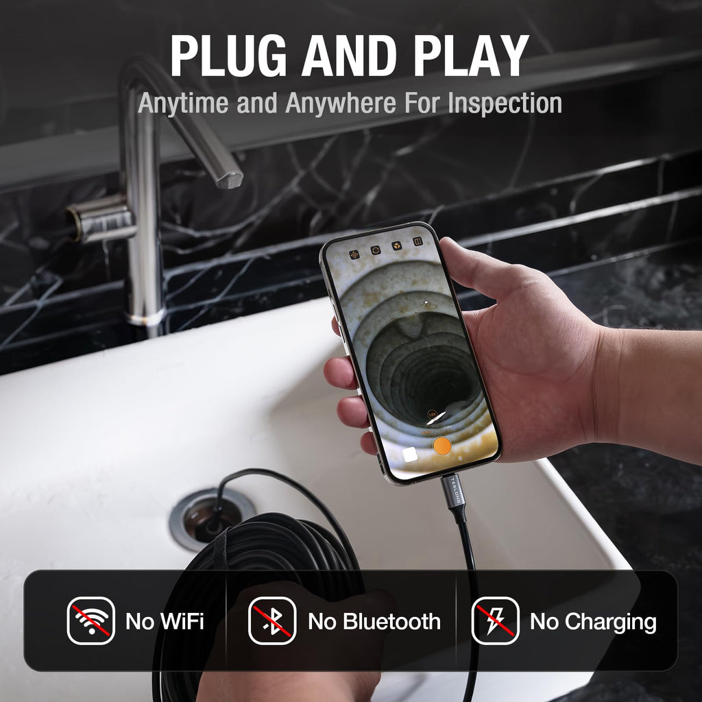 Teslong 50FT USB-C Borescope Camera with Light, Only Compatible with iPhone 15/16/17 Android Phones, 50 ft Flexible Waterproof Endoscope for DIY Pipe Inspection with Drain Snake