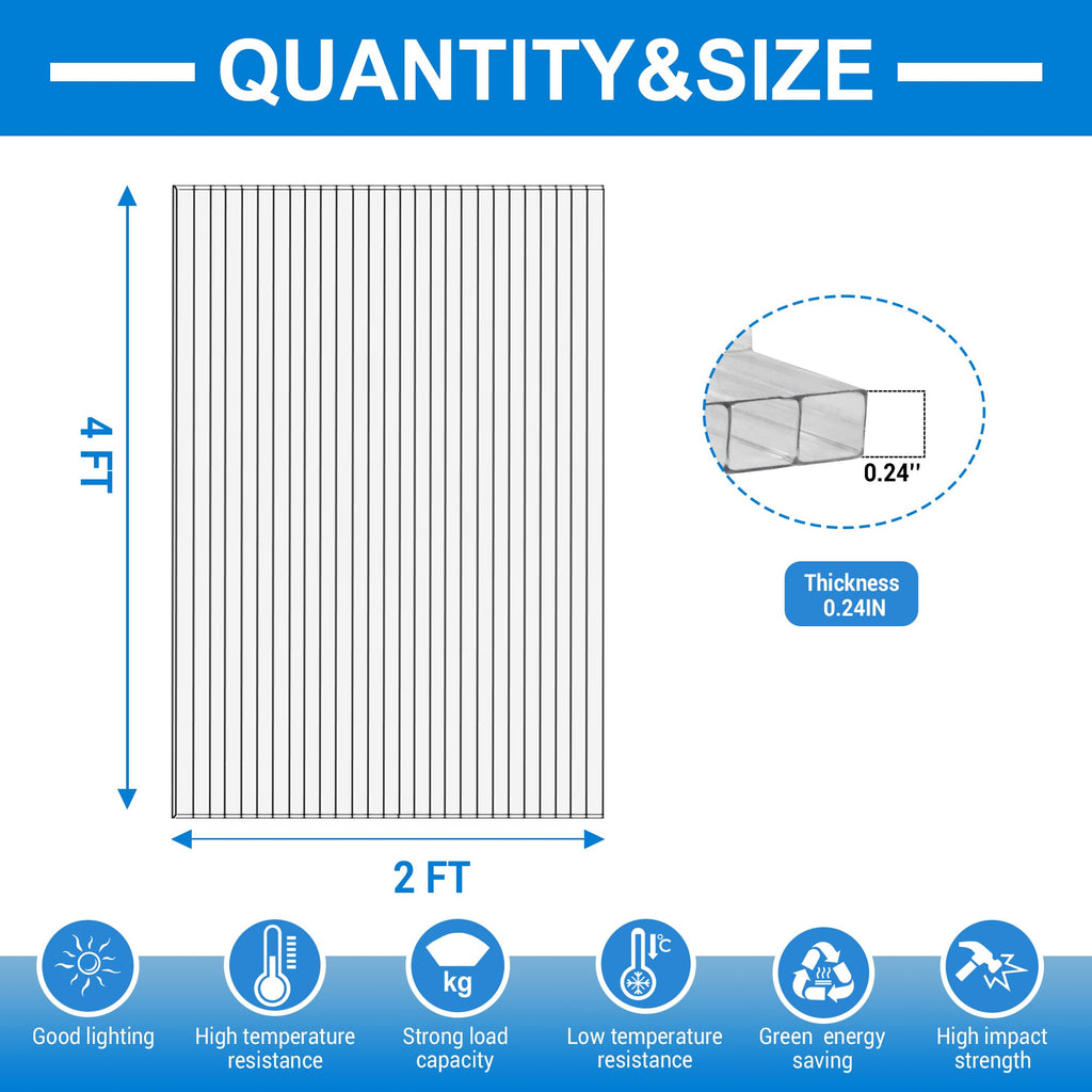 XISOCO 3 PCS 4' x 2' x 0.24" Polycarbonate Greenhouse Panels
