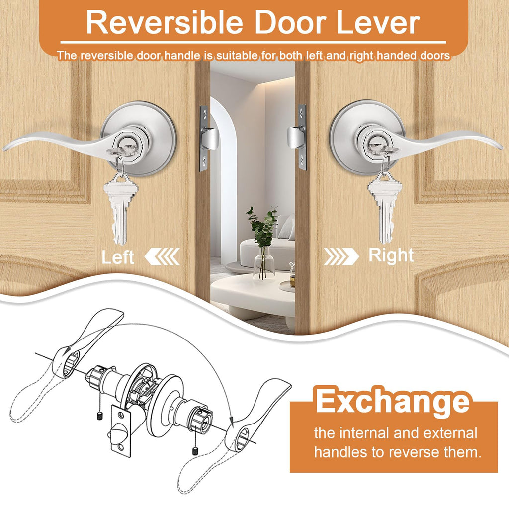 Probrico (2 Pack Wave Style Keyed Alike Entry Levers, Exterior Interior Satin Nickel Keyed Door Handles with Lock and Same Keys, Reversible for Right Left Handed Doors