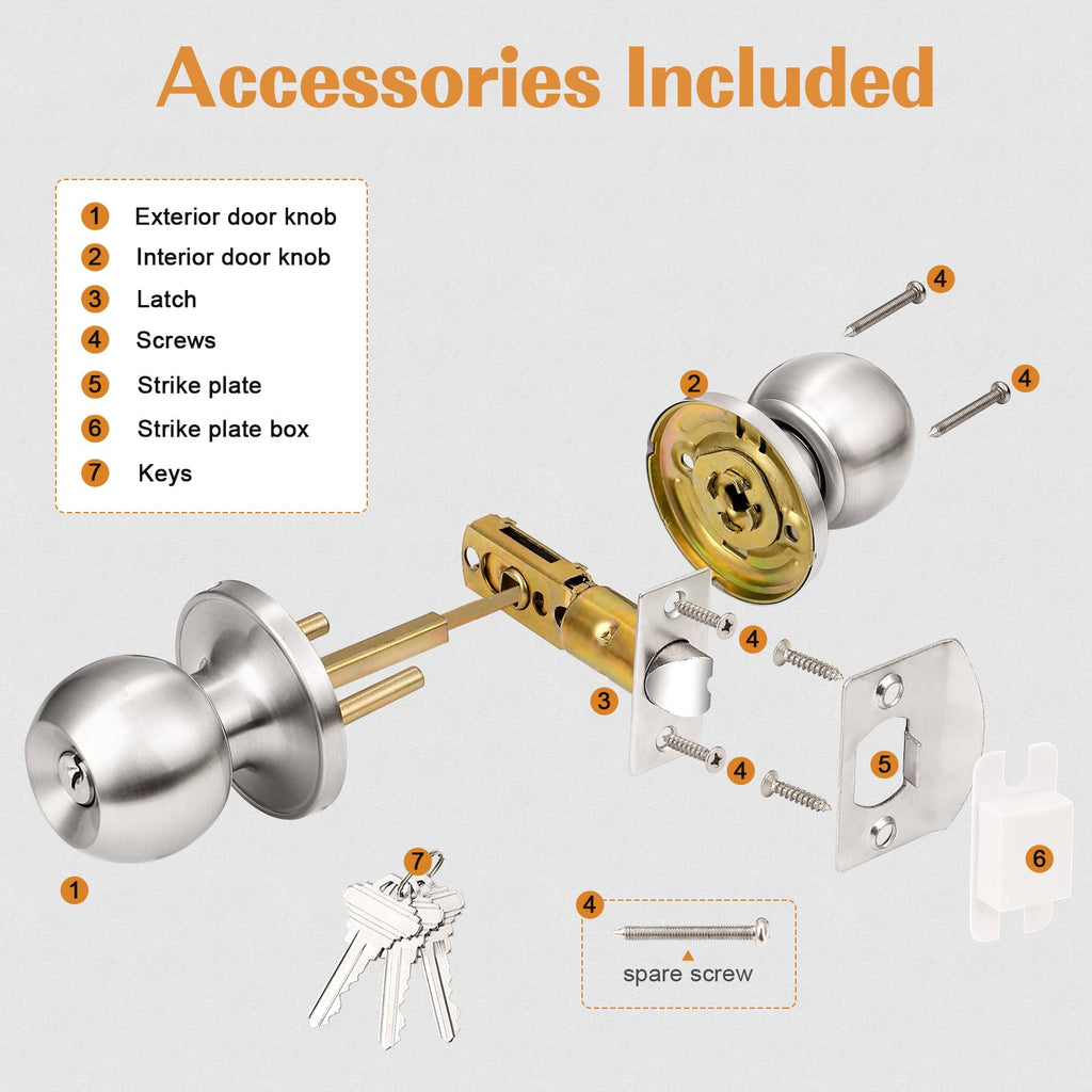 Probrico Brushed Nickel One Keyway Ball Door Knobs Entry Lock with Keys, 3 Pack Keyed Alike Door Locksets, Interior Exterior Keyed Hardware