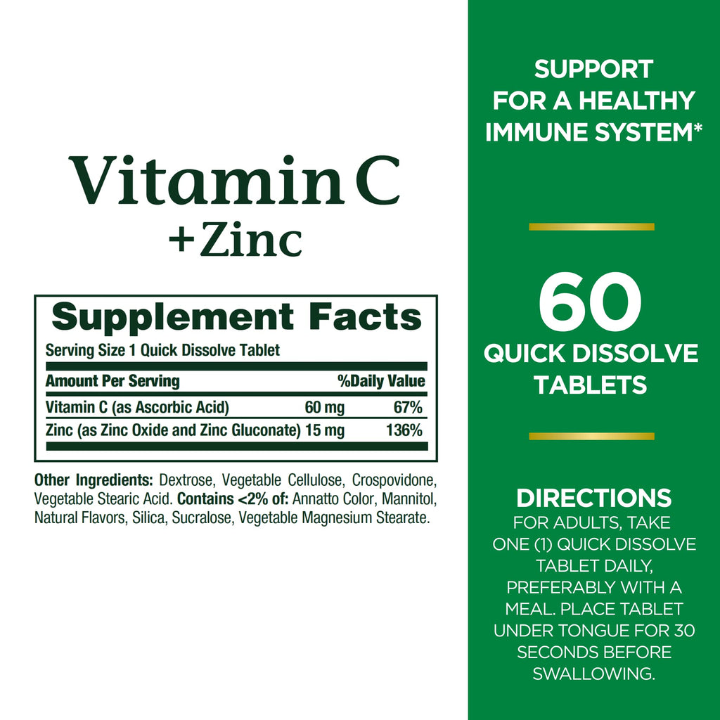 Nature's Bounty Vitamin C + Zinc, Vitamin Supplement, Supports Immune Health, 60 mg, 60 Tablets (Pack of 3)