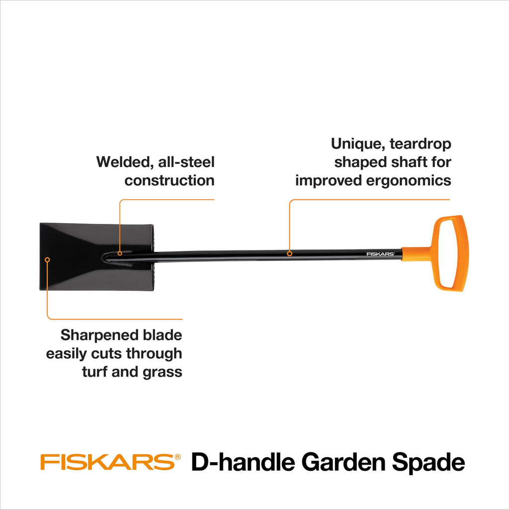 Fiskars 47" Spade Garden Shovel, Steel Flat Spade with Ergonomic D-Handle, Sharp Blade Square Shovel for Lawn Edging, Digging, Heavy Duty Yard Tool, Easy Cuts in Grass and Turf