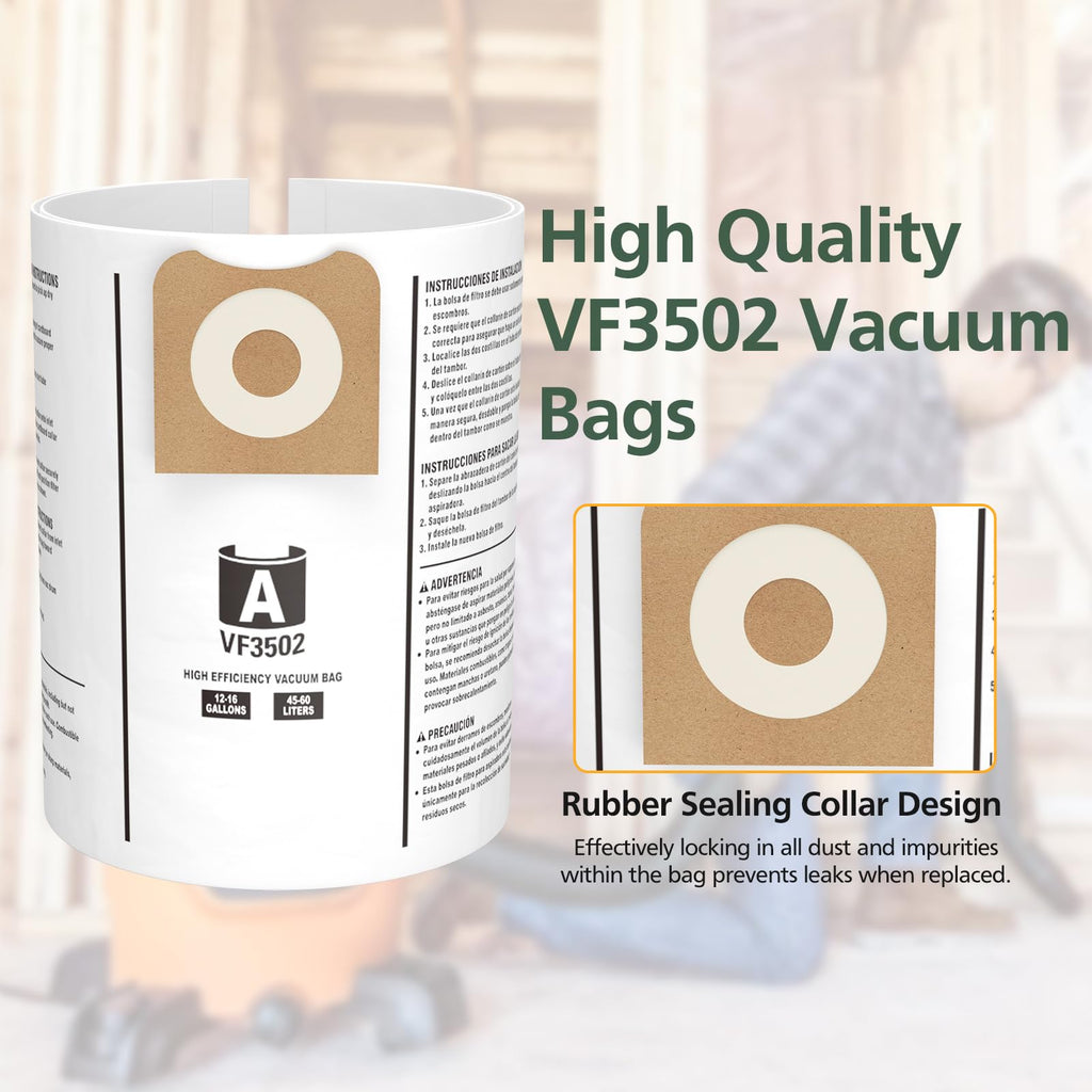 15 Pack 23743 VF3502 Vacuum Bags Compatible with Ridgid 12 to 16 Gallon Wet Dry Vacuums, High Efficiency Replacement Filter Bags for Model WD1950 WD1956 WD1850 WD1851 RV2400HF WD1450 WD1680 WD1270