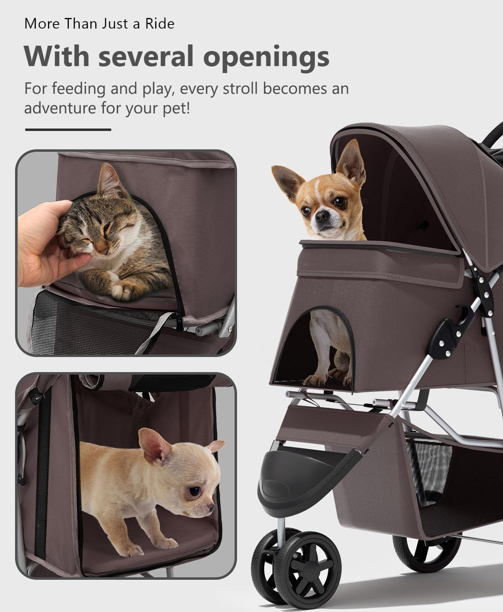 OS MOTOR Pet Stroller with 3 Wheels for Small/Medium Pets, Portable Travel Foldable Carrier Jogger for Dog Cat Puppy Kitty, Rear Wheel Breaks, Storage Basket, Visible Mesh with Weather Cover (Coffee)