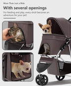 OS MOTOR Pet Stroller with 3 Wheels for Small/Medium Pets, Portable Travel Foldable Carrier Jogger for Dog Cat Puppy Kitty, Rear Wheel Breaks, Storage Basket, Visible Mesh with Weather Cover (Coffee)