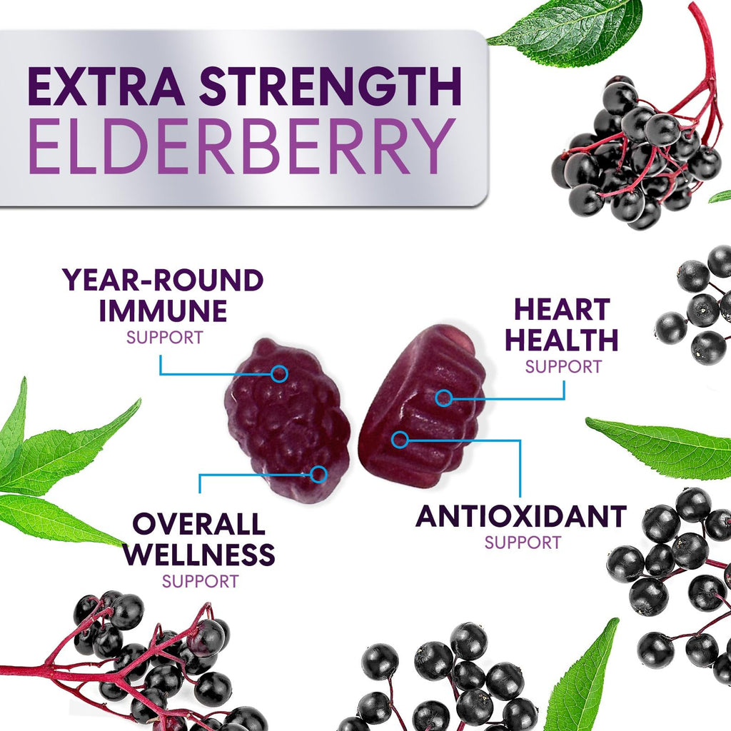 Elderberry Gummies - 3X Strength Black Elderberry Immune Support Gummy with Vitamin C, D3 and Zinc for Kids & Adults, Immune Health Support Supplement Gummy, Black Elder Berry Vitamins - 120 Gummies