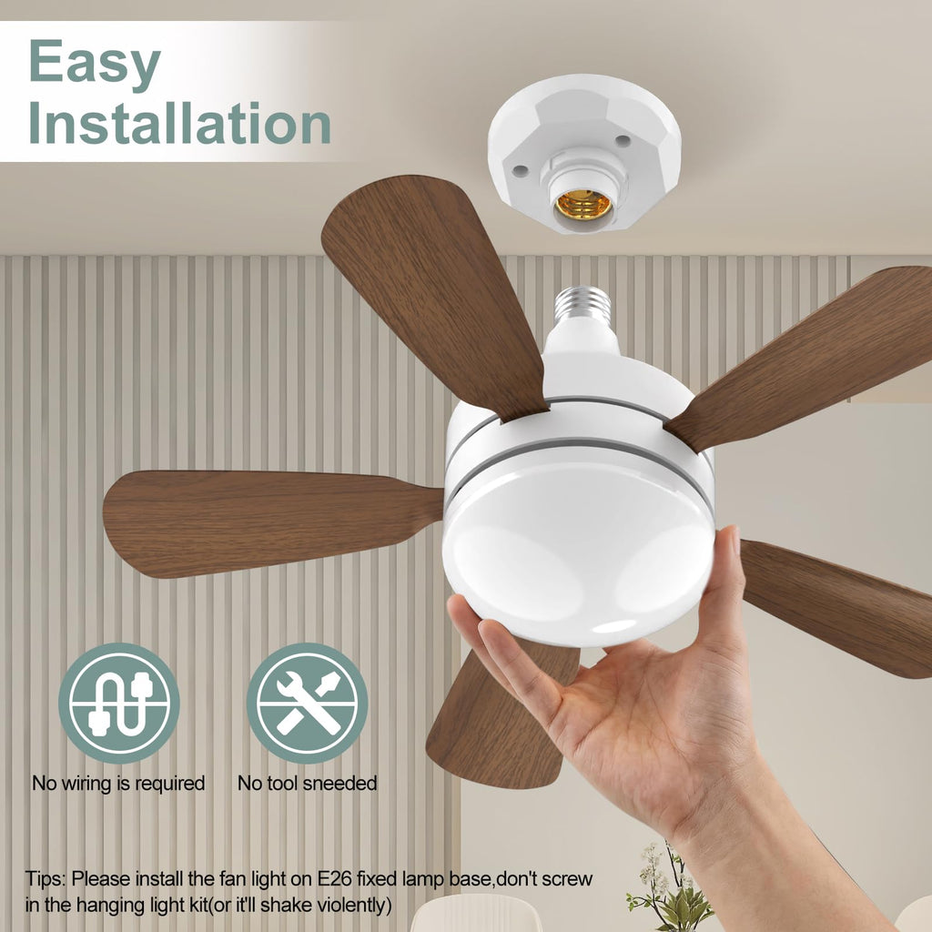 WZZIW 17.7" Socket Fan Light, E26/E27 Light Bulb Fan with Reversible Motor, 3000 Lumens Small Ceiling Fans with Lights and Remote, Dimmable 3000K-6500K for Bedroom Kitchen Living Room Garage