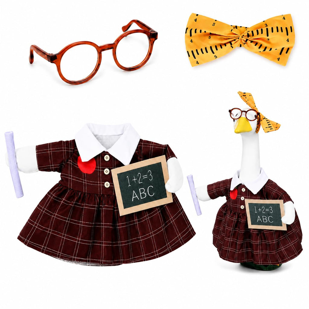 23" Back to School Porch Goose Outfits Teacher Lawn Costume Goose Costume Set Chalkboard Dress Glasses Porch Geese Costumes First Day of School Decoration for Garden Yard Patio Statue Supplies
