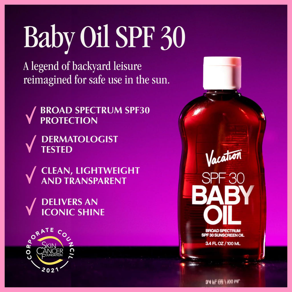 Vacation Baby Oil SPF 30 & Air Freshener Bundle, Hydrating & Nourishing, Mineral-Oil Free, Lightweight Formula, Transparent On All Skin Tones, Travel Size Sunscreen, 3.4 Fl. Oz.