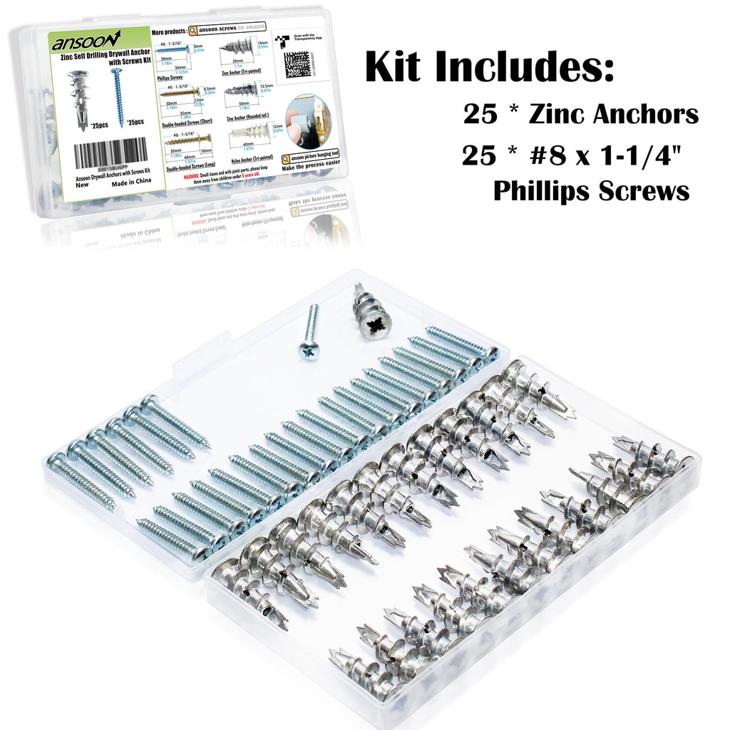 Ansoon 50Pcs Metal Self Drilling Drywall Anchors Heavy Duty with Screws Kit