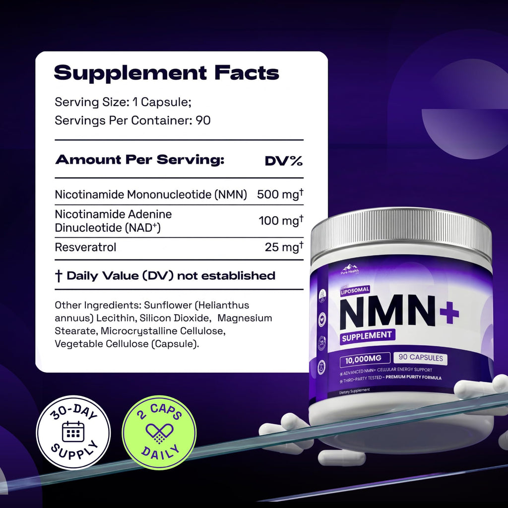 PURE HEALTH MAX NMN Supplement with NAD+ and Resveratrol - NMNH Alternative | NAD Liposomal Supplements for Men and Women - Supports Cellular Energy | 90 Capsules, 3 Months Supply
