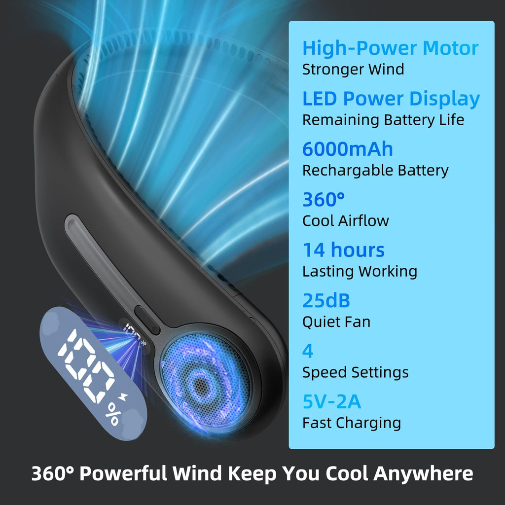 Portable Neck Fan, Personal Wearable Bladeless Fan, 6000mAh USB Rechargeable, 360° Airflow, LED Display, 4-Speeds, Hands Free Fan for Outdoor Indoor, Birthday Gifts for Men Women Dad Mom (Black)