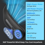 Portable Neck Fan, Personal Wearable Bladeless Fan, 6000mAh USB Rechargeable, 360° Airflow, LED Display, 4-Speeds, Hands Free Fan for Outdoor Indoor, Birthday Gifts for Men Women Dad Mom (Black)