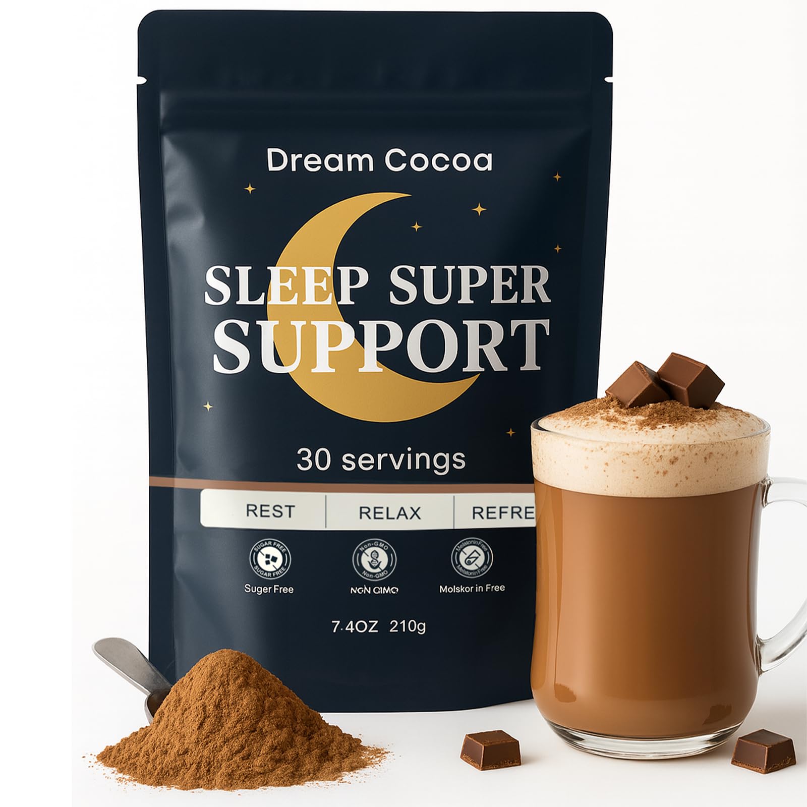 Magnesium Hot Cocoa – Melatonin-Free Natural Sleep Aid Hot Chocolate for Adults with Reishi Mushroom, L-Theanine & Zinc Glycinate – Relaxation & Restful Sleep Support Mushroom Coffee, 30 Servings