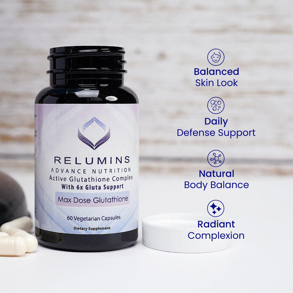 Relumins Advance White Active Glutathione Complex - Max Dose 900mg Glutathione with 6X Boosters, ALA & NAC - Summer Glow Wellness Anti-Aging Skin Supplement - 60 Capsules (30 Servings)