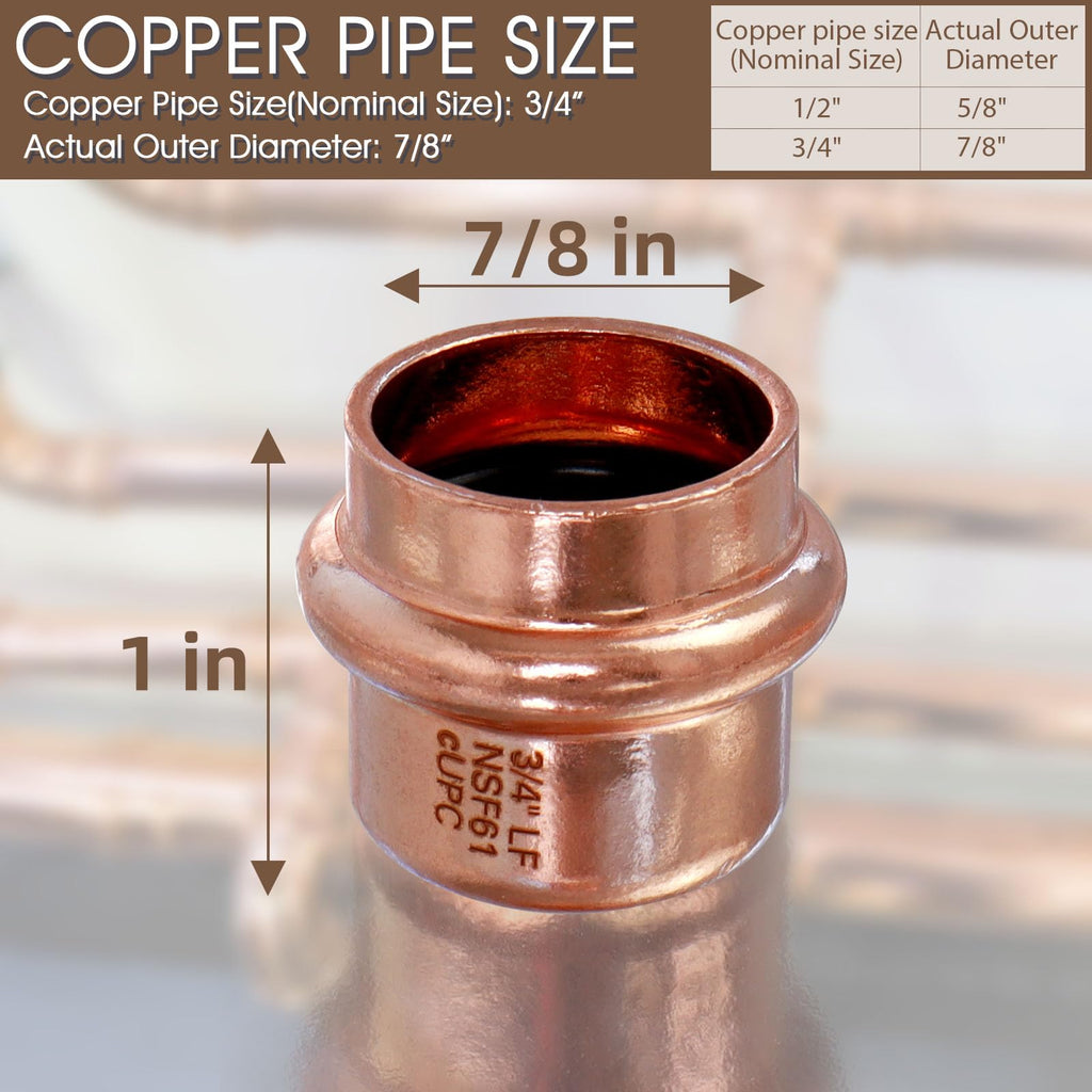 Copper Press Fittings 3/4" Copper Press Cap, Zero Lead 3/4" Cooper Press End Cap Press Fittings Copper Pipe End Cap for Plumbing, OD 7/8”, Use with Hydraulic Press Fitting Tool, 12PCS