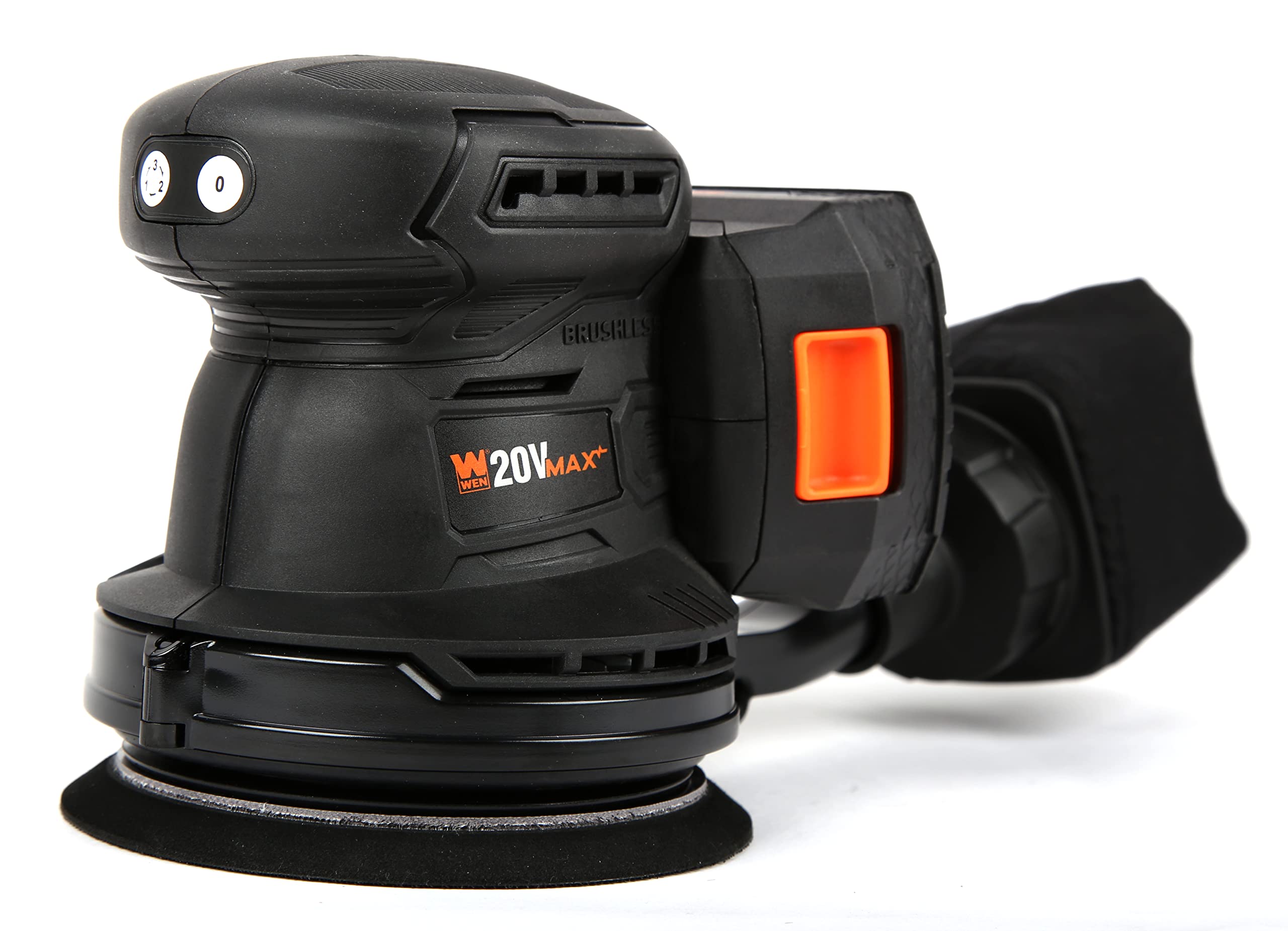 WEN Cordless Orbital Sander, Brushless with 5-Inch Random Orbit Pad, 20V Max 2.0 Ah Lithium-Ion Battery and Charger (20405),Black