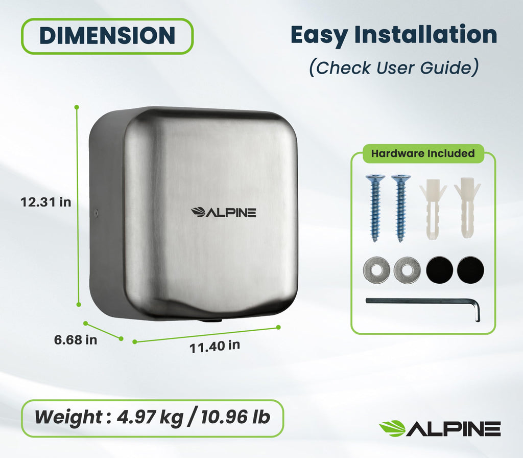Alpine Industries 400-10-SSB Alpine Hemlock Automatic Hand Dryer - Heavy Duty Stainless Steel - Commercial High Speed Hot Air Hand Blower | 1800Watts | 110-120Volts | Quick & Easy Installation, Brushed Stainless Steel