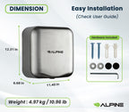 Alpine Industries 400-10-SSB Alpine Hemlock Automatic Hand Dryer - Heavy Duty Stainless Steel - Commercial High Speed Hot Air Hand Blower | 1800Watts | 110-120Volts | Quick & Easy Installation, Brushed Stainless Steel