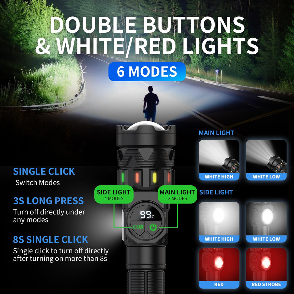Esgofo Rechargeable Flashlights High Lumens 100000 Long Lasting LCD Display, Super Bright 50W LED, Quick USB C Charge & Output, Double Source & Buttons with Red Light, for Home Camping Hiking