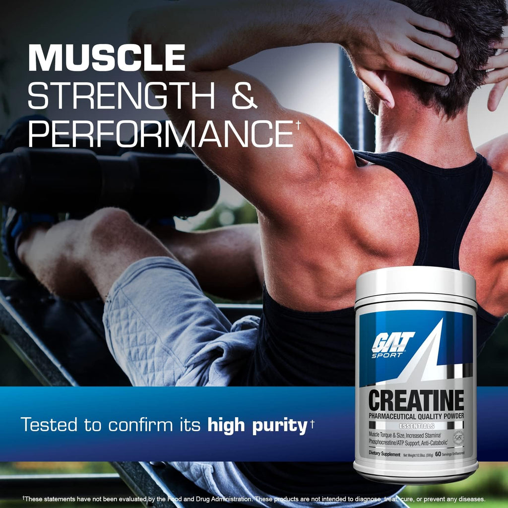 GAT SPORT Creatine Monohydrate 300 Gram Powder, Strength, Brain Health, Anti-oxidant, Endurance, for Men & Women, Unflavored, 60 Servings