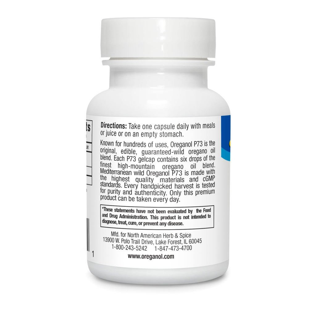 NORTH AMERICAN HERB & SPICE Oreganol P73, 60 Gelcaps - Immune System Support - Unprocessed, Vegan Friendly Wild Oregano - Mediterranean Source - Non-GMO - 60 Servings