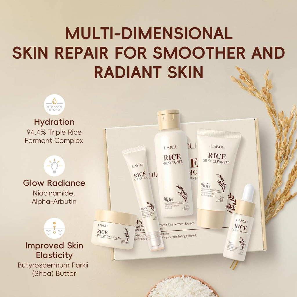 LAIKOU Skin Care Set, Korean Skin Care with Rice Cleanser, Toner, Serum, Eye Serum, Moisturizing Cream 5pcs for Women Teen Girls Mom Daughter Mother's Day Birthday Christmas Lover Korean Beauty