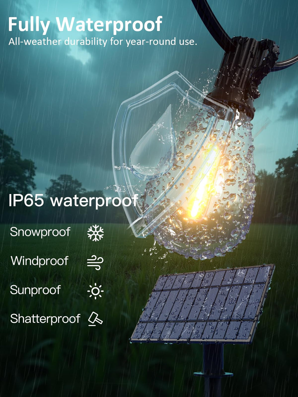 50FT Solar String Lights Outdoor Waterproof with 18+1 LED Bulbs Long Last for 20+Hrs, Commercial Grade Shatterproof USB Patio Solar Powered Lights for Camping，Backyard, Garden, Porch Decor