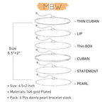 MBW Silver Bracelets for Women Trendy, Dainty 14K Silver Plated Cuban Link Chain Pearl Bracelet Silver Stackable Bracelet Stack Waterproof Tiny Cute Bracelet Set Layering Bracelet Minimalist Jewelry