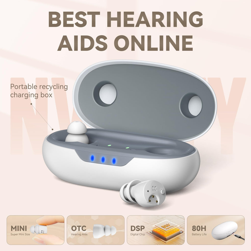 OTC Hearing Aids for Seniors - Hearing Aids with Digital Chips, Supermini Rechargeable Hearing Amplifiers Invisible with 16-Channel Sound Processing 3 Volume and 80H Wireless Charging Case (White)