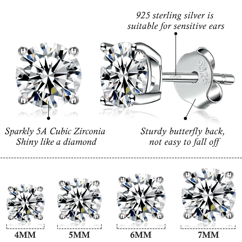 Sterling Silver Stud earrings Set Silver CZ Stud Earrings for Women 4567mm