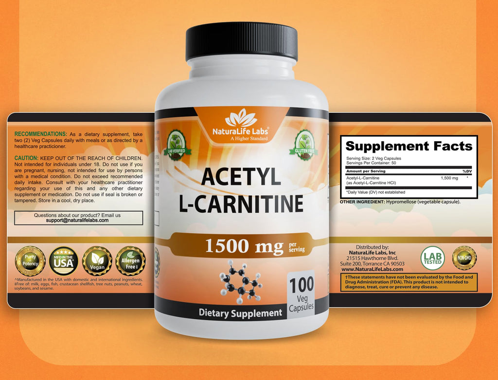 NaturaLife Labs Acetyl L-Carnitine (ALCAR) 1500 mg per Serving – 100 Capsules – Non-GMO, Gluten-Free, Vegan (2 Pack)