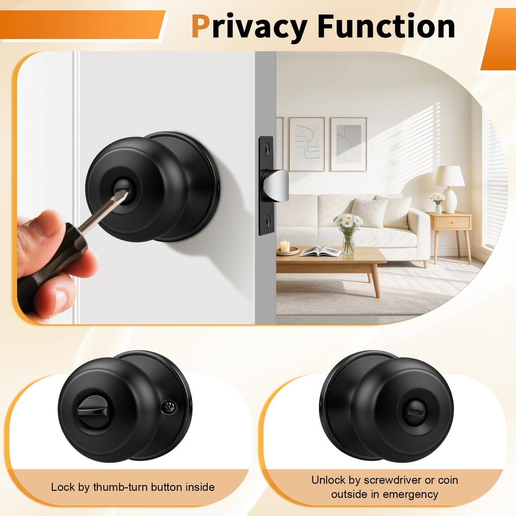 Probrico Bathroom Door Knobs, 10 Pack Interior Door Handles Privacy Function, Keyless Doorknob for Bedroom Bath, Matte Black Finish Door Knob with Solid Latch