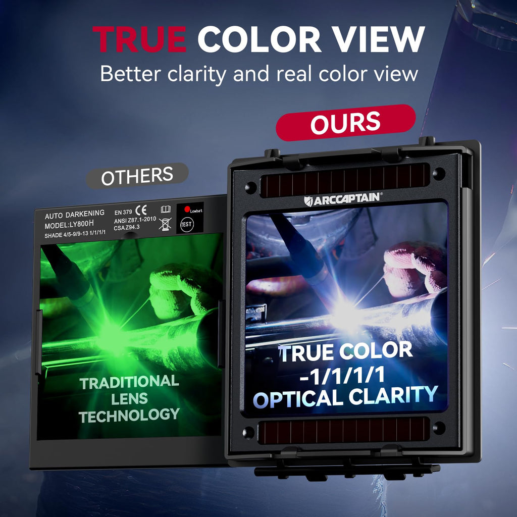 ARCCAPTAIN Large View 3.94" x 3.66" True Color Auto Darkening Welding Helmet with Light, Solar Powered Welding Hood, 4 Arc Sensor Wide Shade 4/5-9/9-13 for Stick MIG TIG Cut, Alien