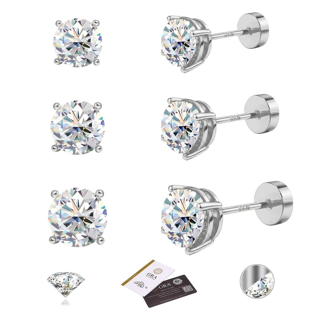 3 Pairs Moissanite Stud Earrings for Women Men S925 Sterling Silver Flat Back Earring D Color VVS1 Moissanite Cartilage Jewelry Set (Silver)