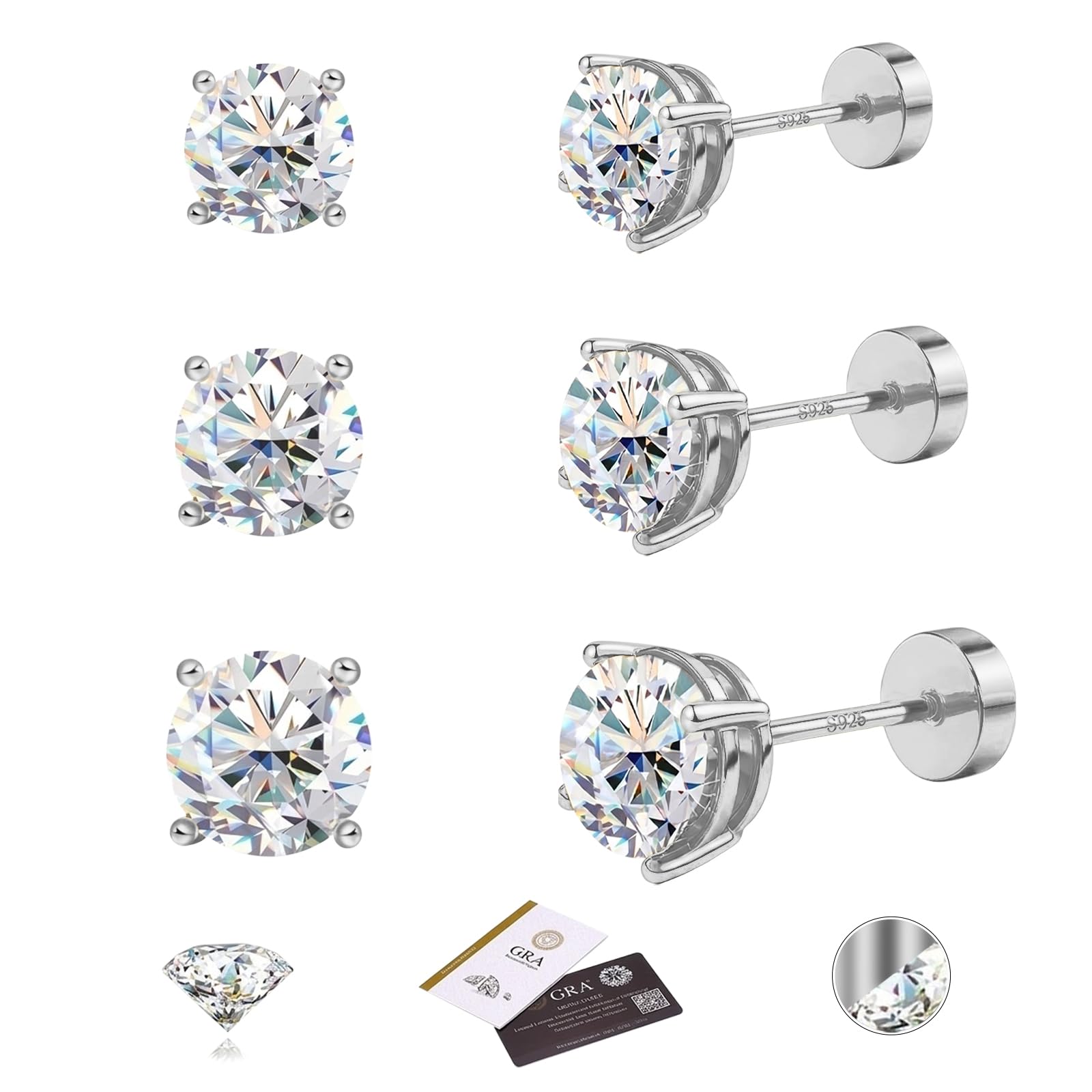 3 Pairs Moissanite Stud Earrings for Women Men S925 Sterling Silver Flat Back Earring D Color VVS1 Moissanite Cartilage Jewelry Set (Silver)