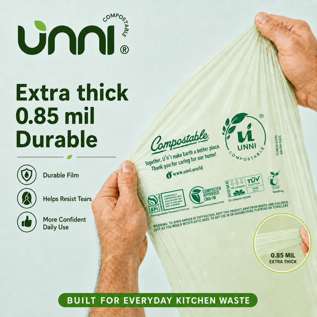 UNNI Compostable Trash Bags, 8 Gallon / 30 Liter, 50 Count, Extra Thick 0.85 mil Medium Kitchen Food Scrap Bin Liners, Certified by BPI, CMA & OK compost HOME, Meets the ASTM D6400 Standard