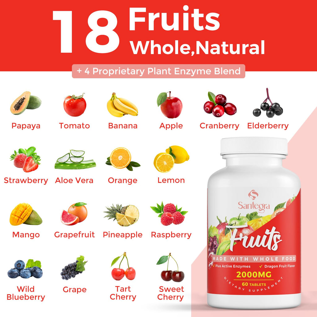 Santegra 2000 MG Fruit and Veggies Supplement, 35+ Fruits and Vegetables for Daily Variety, 100% Whole Food Superfoods, Natural Vitamins for Women & Men, Sugar-Free, Gluten-Free, Vegan, 120 Tablets