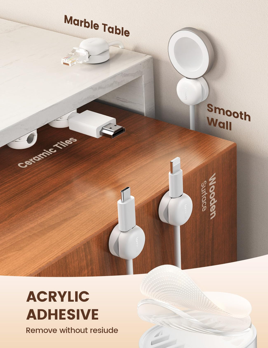 Lamicall Spring Cord Organizer, Office Desk Accessories - 12Pack Compact Desk Cable Management Holder Clips, Nightstand Phone Charging Cord Holder, 8mm Slot Adhesive Wire Organizer, White