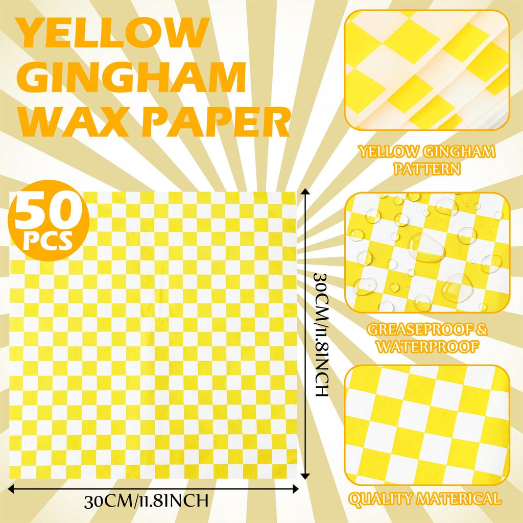 Geosar 100 Pcs Gingham Party Supply Disposable Paper Food Tray Bulk Disposable Food Boat with Checkered Wax Paper Sheet Checkered Wrapping Supply for Carnival Picnic Birthday Party (Yellow White)