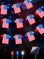 4th of July Decorations, Solar American Flag Lights Outdoor with 8 Modes, 18.8FT 25 USA Flags & 50 Red White and Blue LEDs Patriotic String Lights Waterproof for Independence Day 250th Anniversary