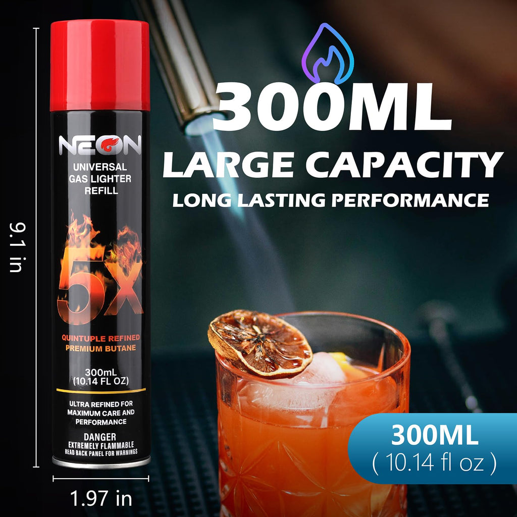 NEON Butane Fuel 300ml, 5X Premium Refined Butane Refill for Torch Lighter, 0 Impurities Lighter Fluid with Metal Nozzle & 5 Butane Gas Refill Adapters for Culinary, Welding, and DIY (4 Cans)