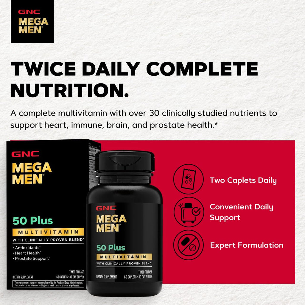 GNC Mega Men 50 Plus Multivitamin Caplets for Men, Clinically Proven, Heart & Prostate Health, B Vitamins, Saw Palmetto, Memory, Vitamin D-3, 60 Count