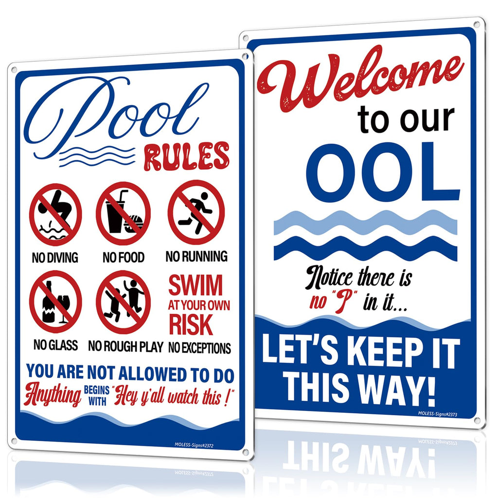 MOLESS 2 Pack Pool Signs – 12x8 Inch Welcome To Our Ool & Funny Pool Rules Sign Safety, Durable 0.040 Aluminum, Easy to Mount, PSP-2401