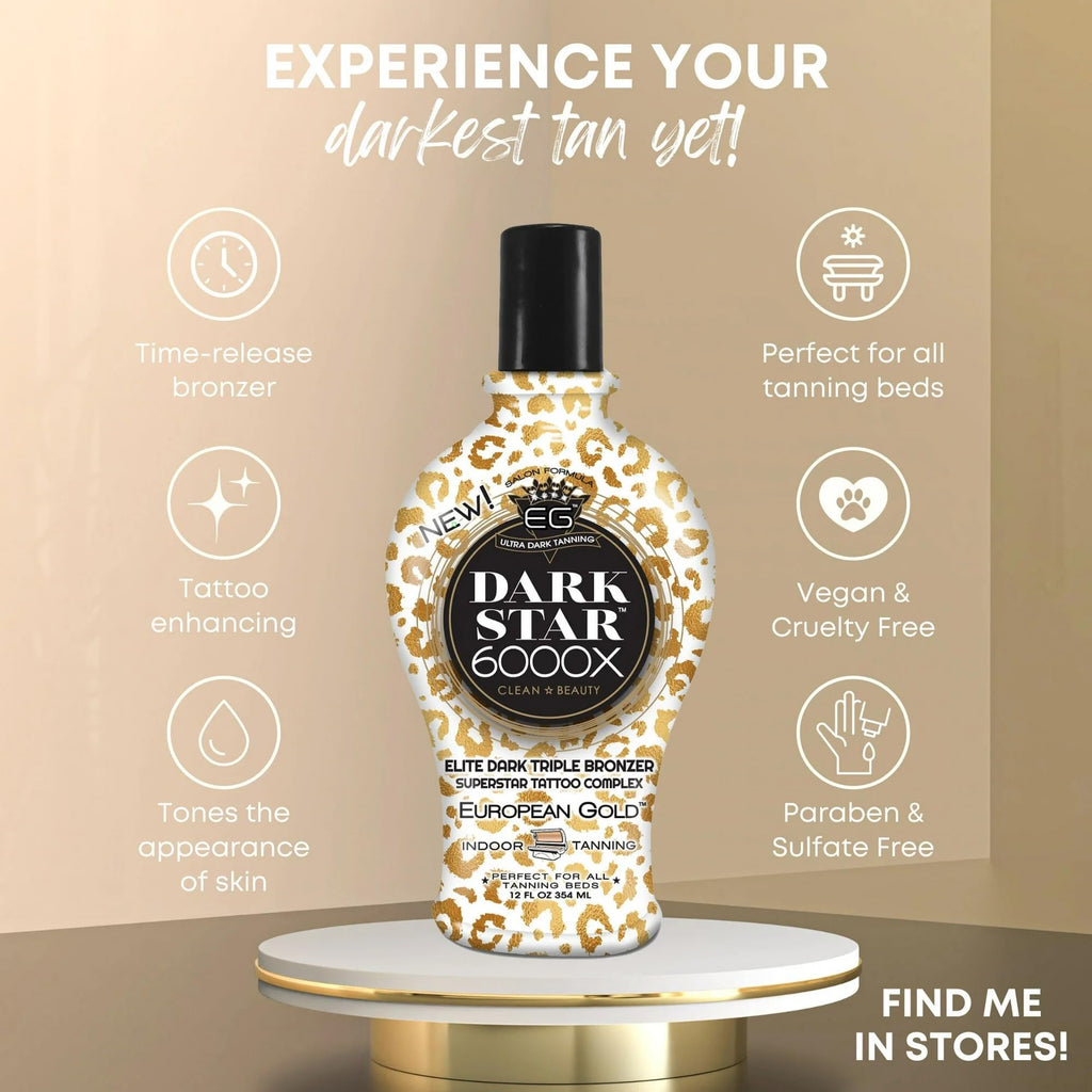European Gold Dark Star 6000X Ultra-Dark Tanning Lotion with Triple - Bronze Formula for Deep, Long-Lasting Tan and Skin-Nourishing Ingredients - 12 oz