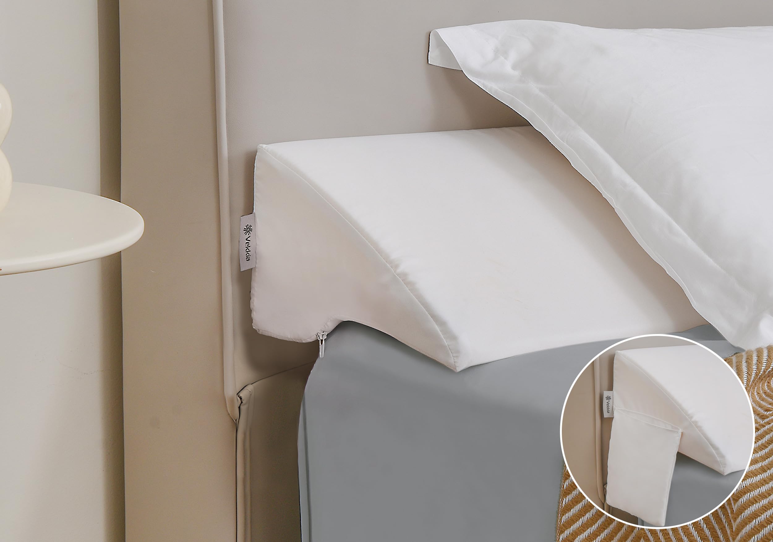 Vekkia Queen Bed Wedge Pillow for Headboard Gap Filler(0-5"),High-Density Foam,Prevent Pillow & Item from Falling,Ergonomic Design,Large Storage Pockets, Removable&Washable Cover,White,60''x10 x6
