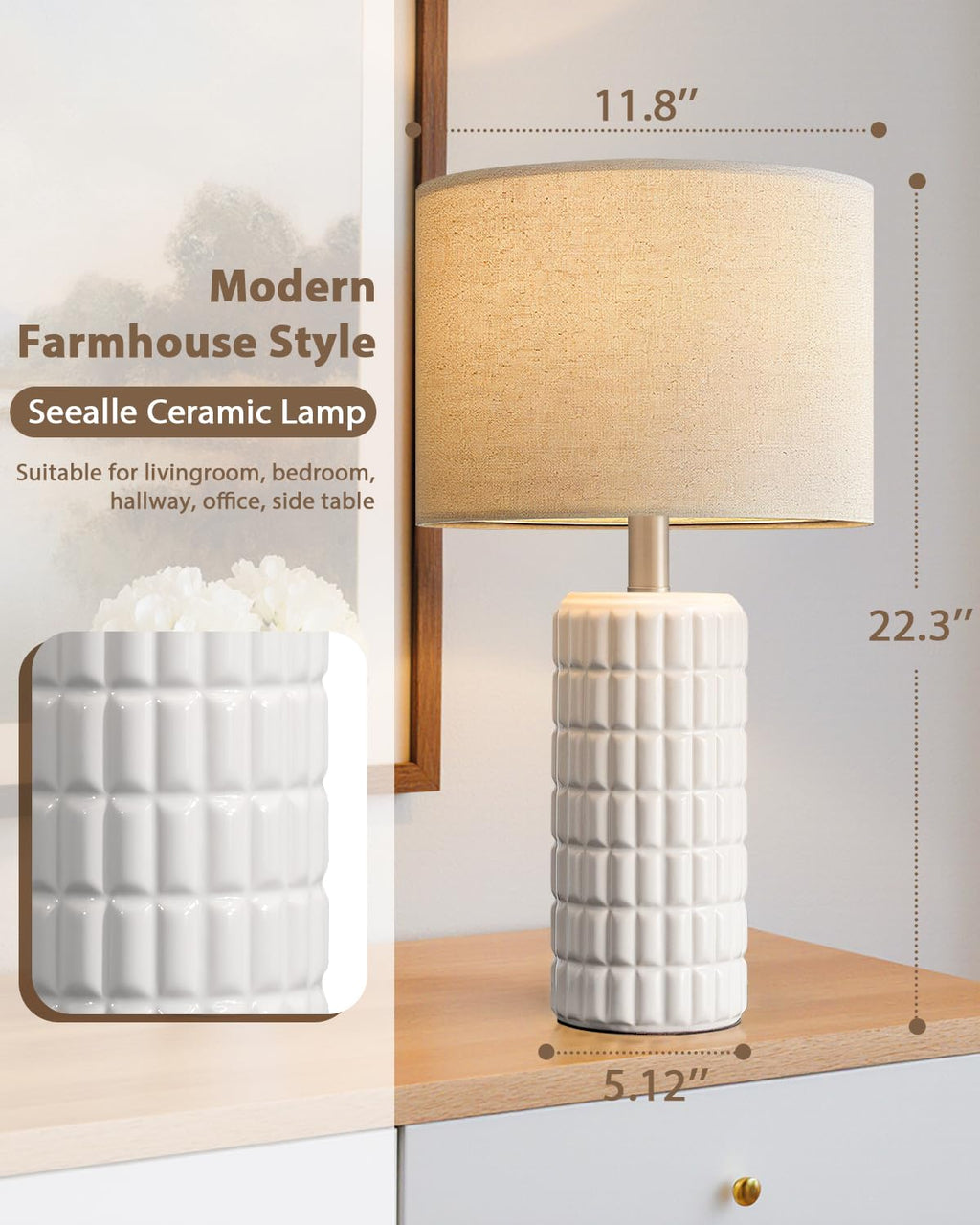Seealle 23" Modern Ceramic Table Lamps - Table Lamps for Living Room, Farmhouse Bedside Night Stands Lamp for Bedroom, White Boho Nightstand Lamps, Desk Lamp for End Table Home Decor(Single)