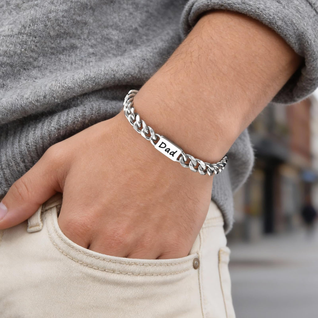 Fathers Day Gift Bracelet for Dad - Stainless Steel Cuban Chain Link Bracelet Gifts for Men Dad from Son Daughter Classic Hip Hop Anniversary Personalized FatherJewelry Gifts for Him Husband Boyfriend