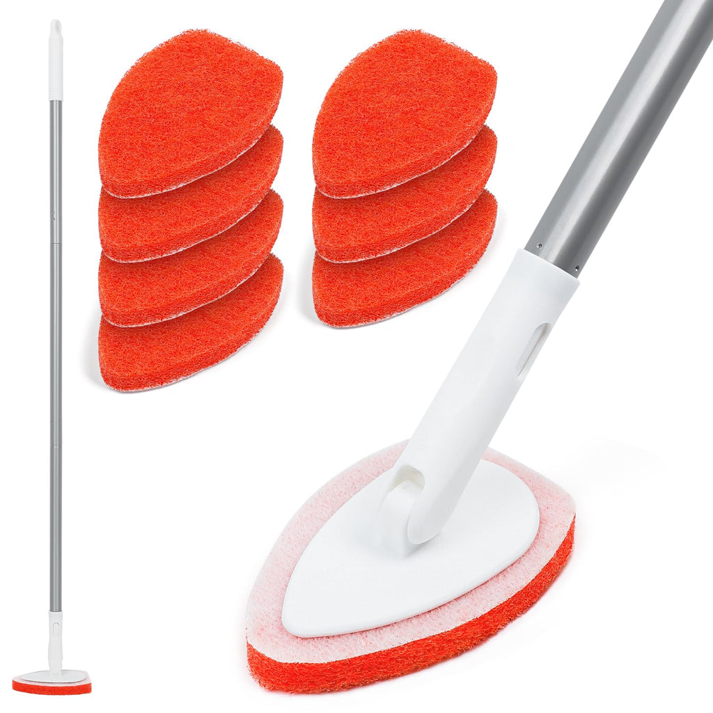 Bathtub Scrubber with Long Handle - Shower Scrub Brush with 8 Replacement Scouring Pads, Bathroom Cleaning Brush for Tub, Tile, Floor