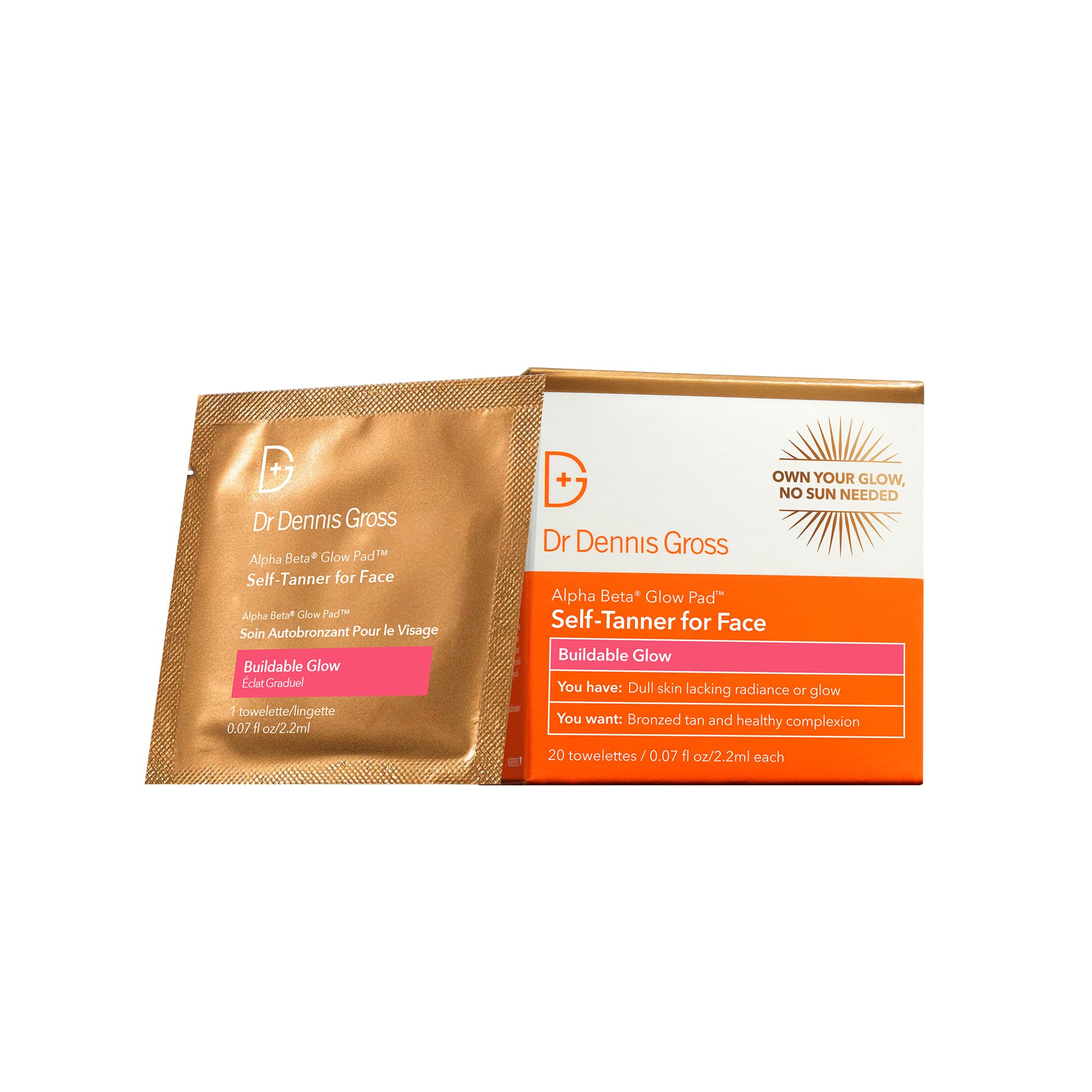 Dr. Dennis Gross Glow Pad Self-Tanner for Face – Exfoliating & Anti-Aging Towelette with AHAs & BHAs, Buildable Natural Glow, Hydrating & Streak-Free Application, 20 Pack